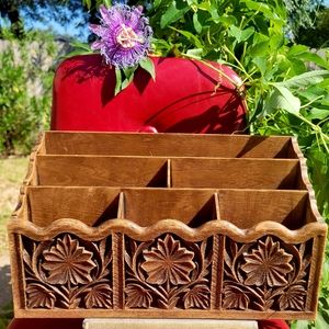 Vintage boho/retro faux carved wood desk organizer by Lerner
